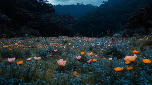 Magical Wildflowers at Twilight in Mountain Field