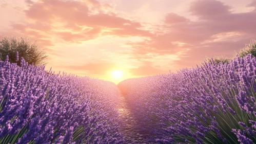 Lavender Field at Sunset with Path and Colorful Sky