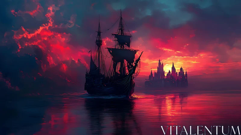 Sunset Voyage with Grand Castle Silhouette AI Image