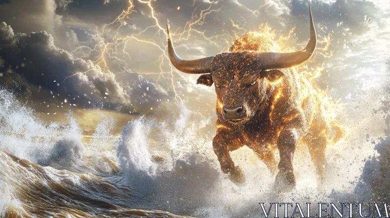 Fiery Bull Charging Through Stormy Sea AI Image