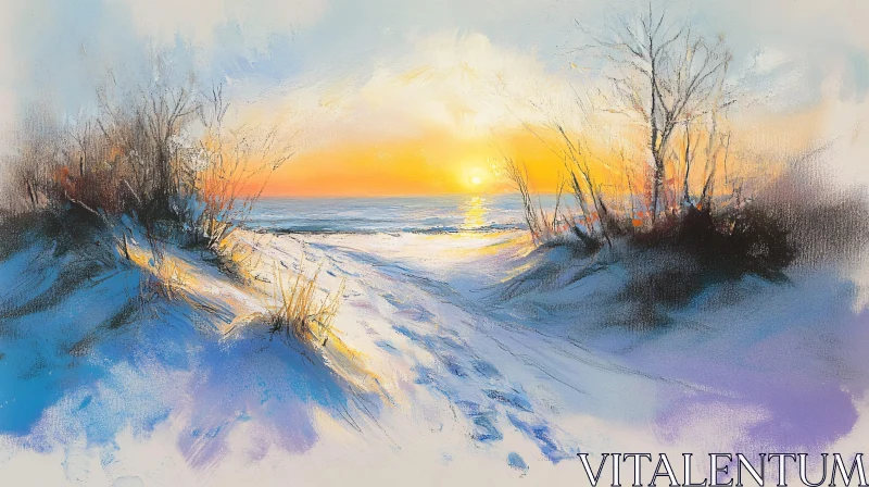 AI ART Winter Sunset over Snowy Beach Scene