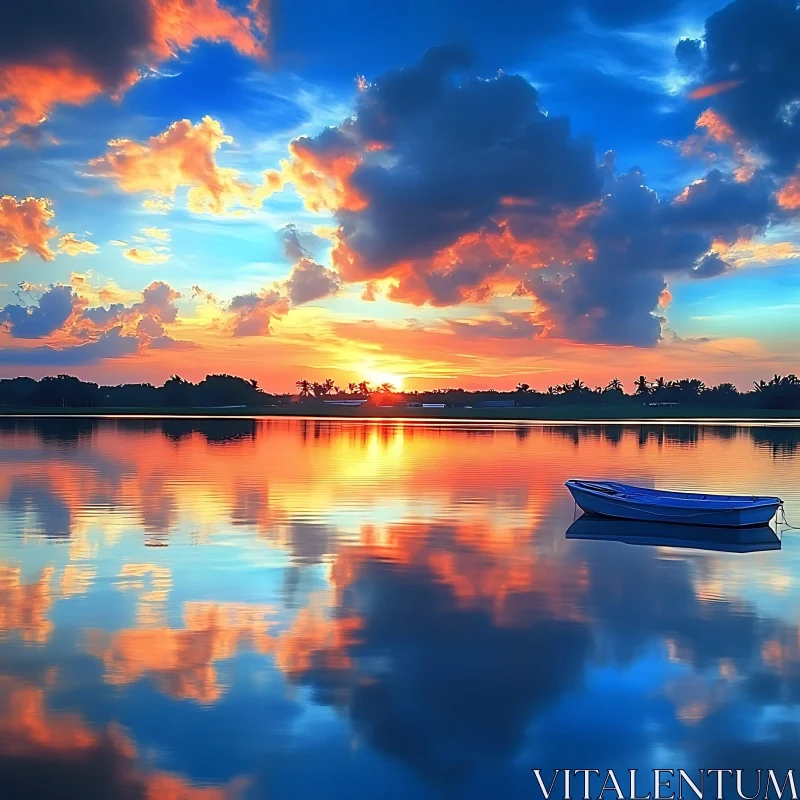 Tranquil Evening: Sunset and Boat at Lake AI Image