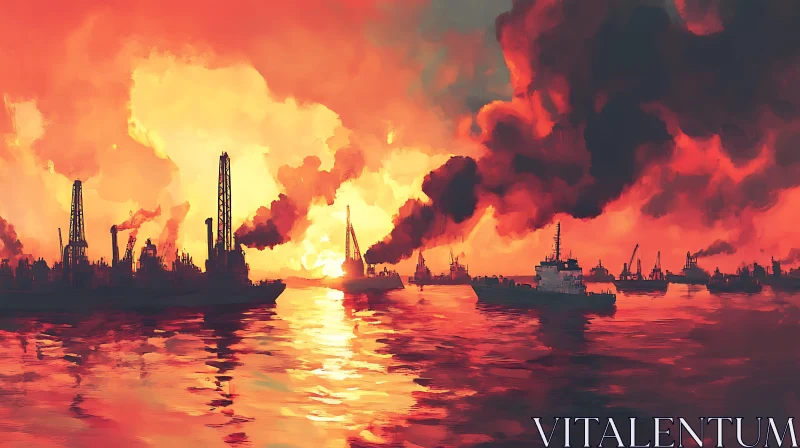 Ships and Oil Rigs in a Fiery Sunset AI Image