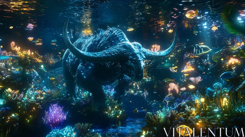 Fantastical Underwater Scene with Horned Creature AI Image