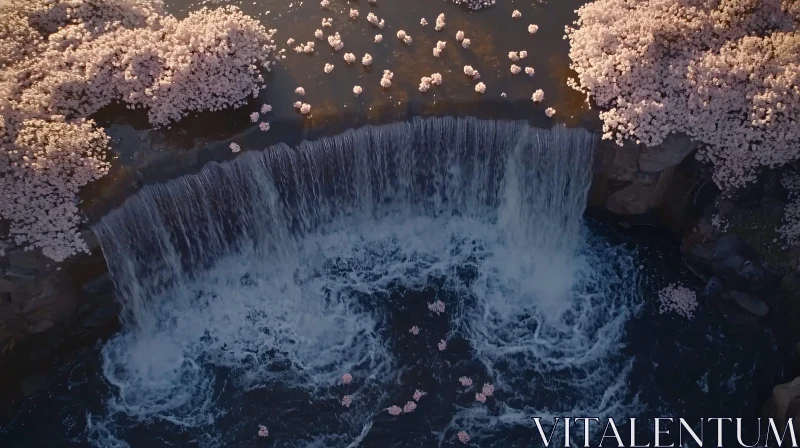 Tranquil Waterfall Amidst Spring Blossoms AI Image