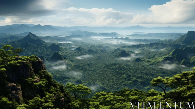 Asian-Inspired Mountain Landscape - Aerial View AI Image