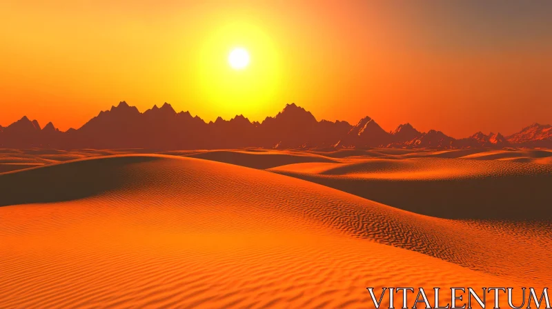 AI ART Sunset Over Desert with Sand Dunes and Mountains