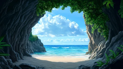 Serene Beach Seen from a Lush Cave