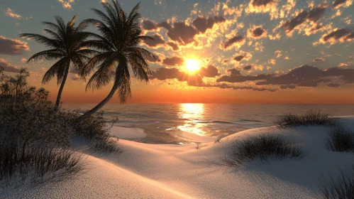 Picturesque Beach at Sunset with Palm Trees