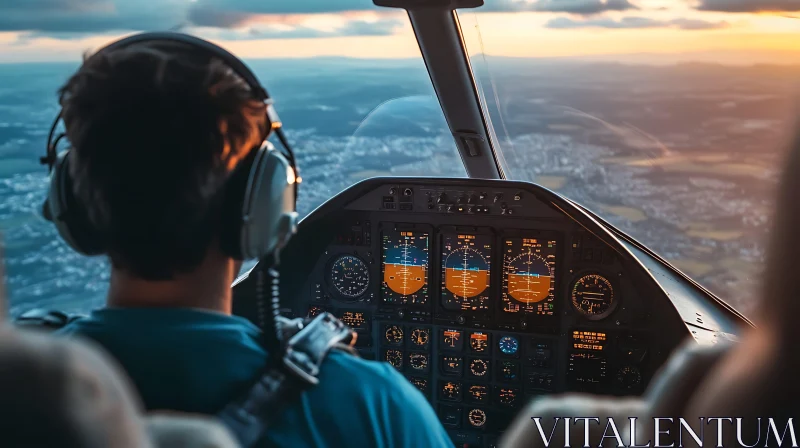 Airplane Cockpit Sunset Navigation AI Image