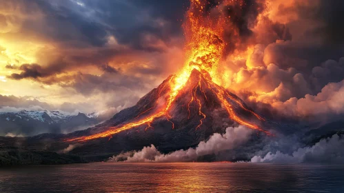 Molten Lava Volcano with Fiery Sky