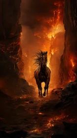 Fiery Horse Galloping in Dark Rocky Terrain - Realistic Fantasy Art