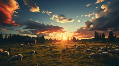 Golden Sunset Over Sheep Grazing in Pasture