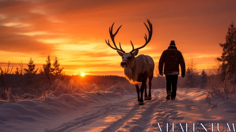 Man and Reindeer - Golden Sunset in Snowy Landscape AI Image
