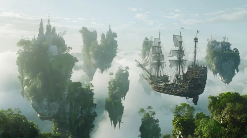 Surreal Floating Islands with Castles and Sailing Ship