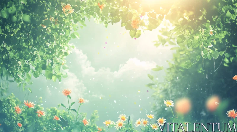 Serene Sunlit Garden with Blooming Flowers AI Image