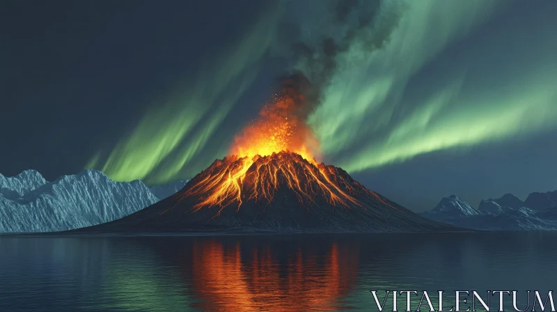 AI ART Volcano Eruption Illuminated by Northern Lights