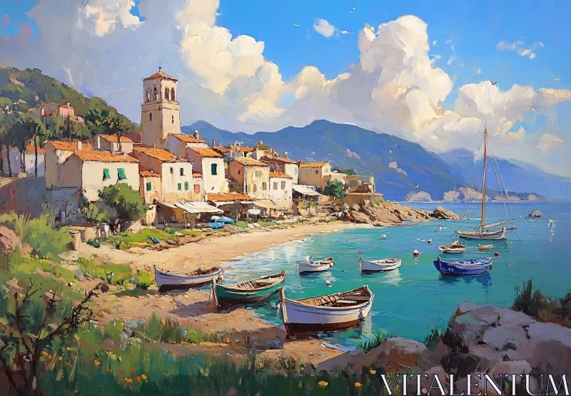 AI ART Mediterranean Coastal Landscape with Boats and Village