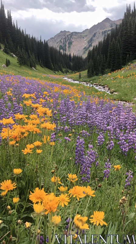 AI ART Picturesque Meadow with Wildflowers and Mountain Stream