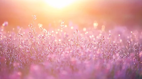 Morning Sunlight on Dewy Flowers in a Field