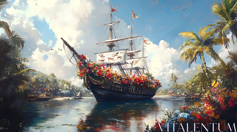 Flower-Decorated Boat in a Tropical Paradise AI Image