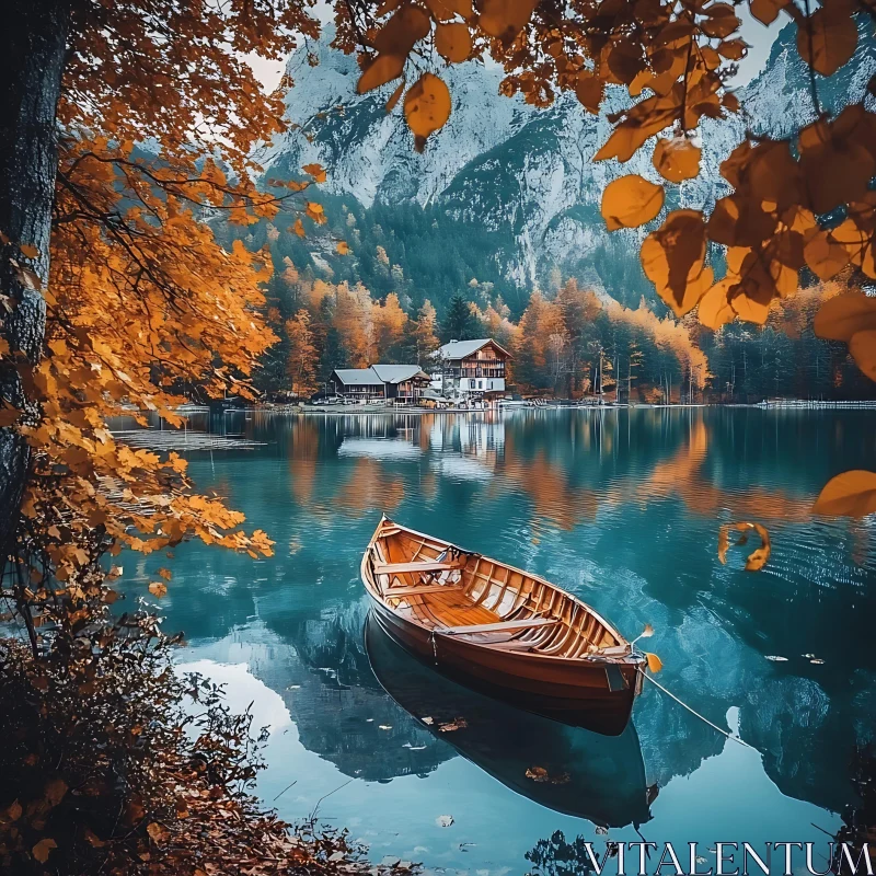 Autumn Lake Serenity with Boat and Cabin AI Image