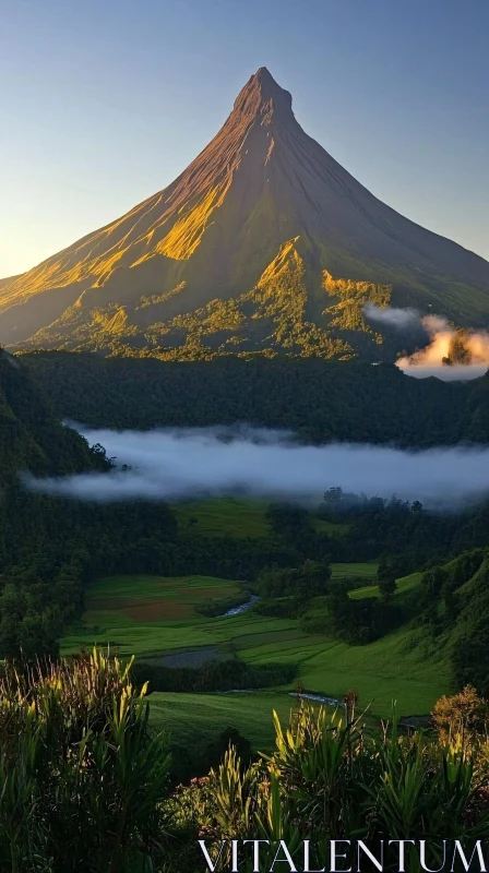 Golden Sunlit Mountain and Lush Green Valley AI Image