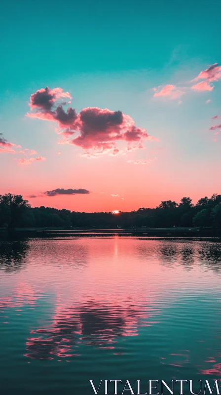 AI ART Serene Lake Sunset with Reflection of Pink Clouds