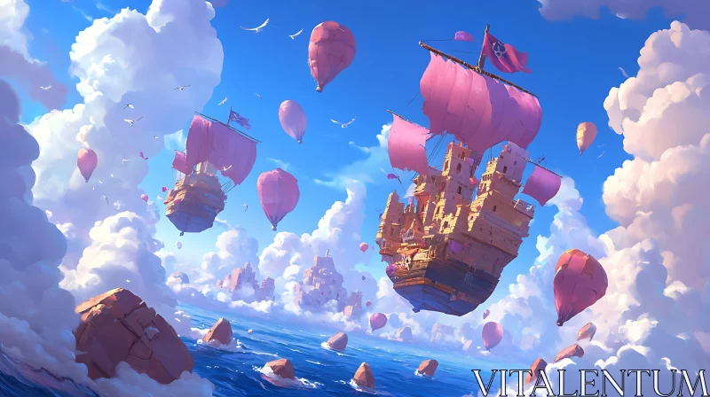 Whimsical Wooden Ships and Pink Balloons AI Image