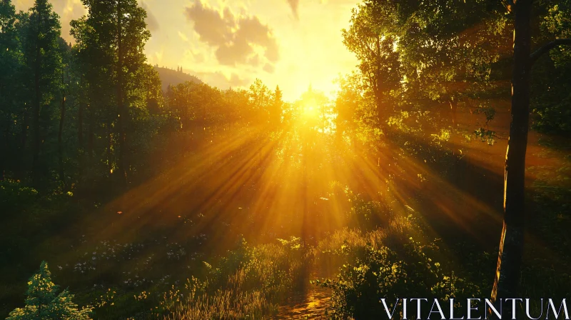 Warm Sun Rays in a Lush Green Forest AI Image