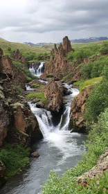 Tranquil Waterfall Landscape with Rocky Terrain and Greenery