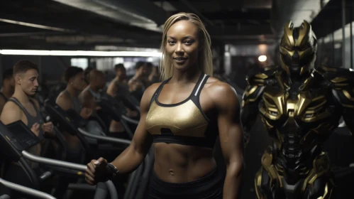 Gold Accented Gym Scene featuring Woman in Metallic Gear