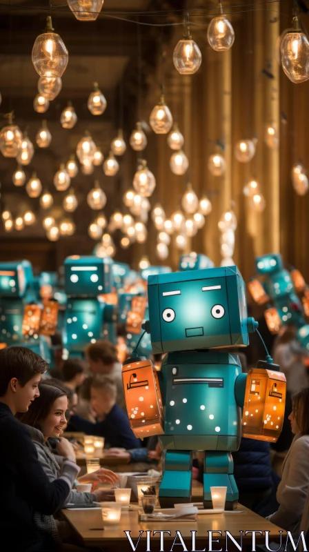 Robotic Encounter in Restaurant: A Festive Atmosphere AI Image