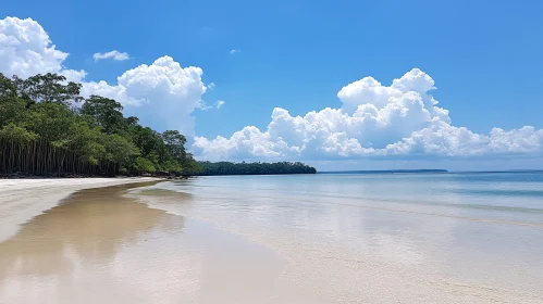 Serene Beach Scene with Forest and Clouds