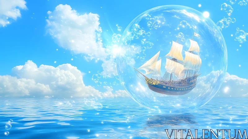 Fantasy Maritime Scene with Bubble-Encased Ship AI Image