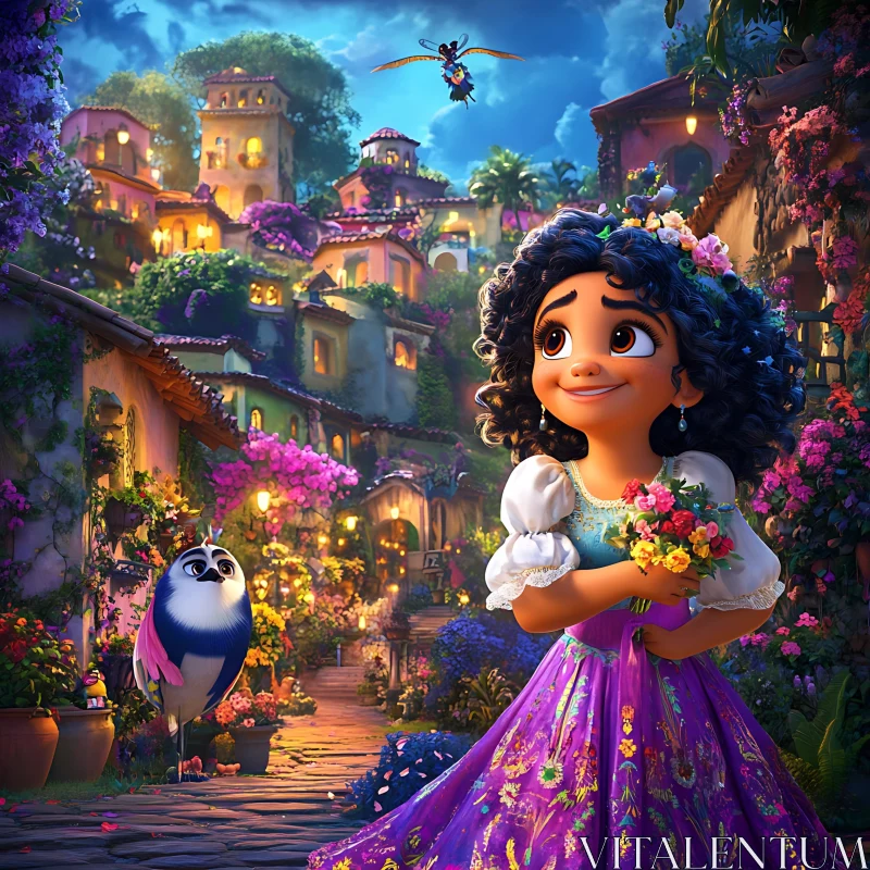 Animated Character in a Flower-filled Village at Twilight AI Image