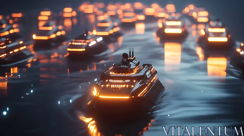 Lit Night-Time Futuristic Boat Fleet AI Image