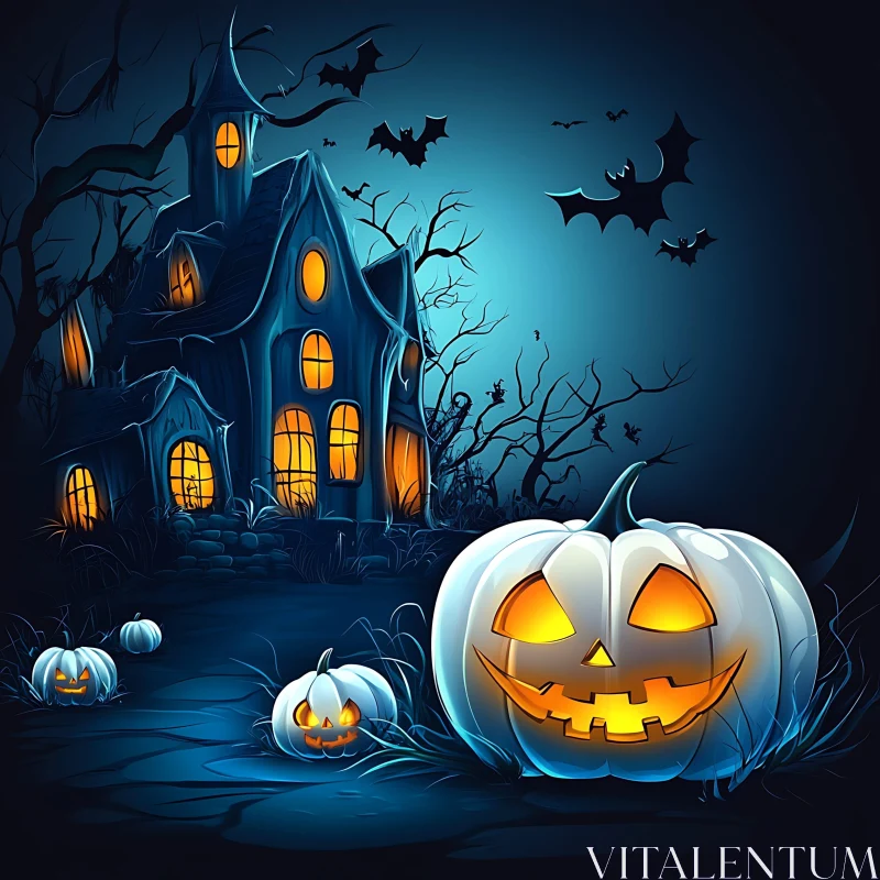 Eerie Halloween Night with Haunted House and Glowing Pumpkins AI Image