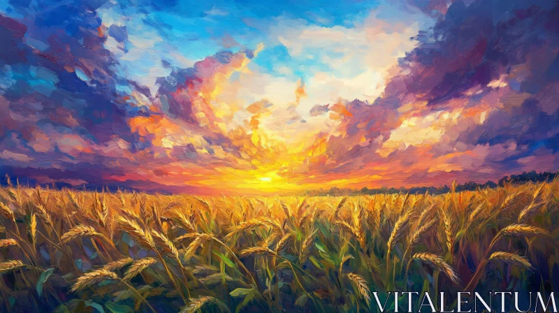 Sunset Over Wheat Field Painting AI Image