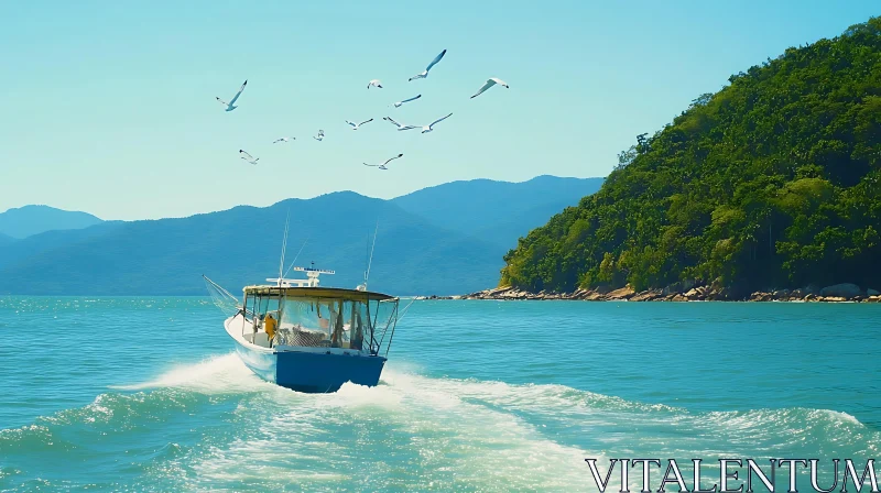 Seagull-Followed Boat on Open Turquoise Sea AI Image