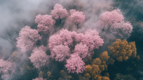 Fog-Engulfed Cherry Blossom Trees from Above