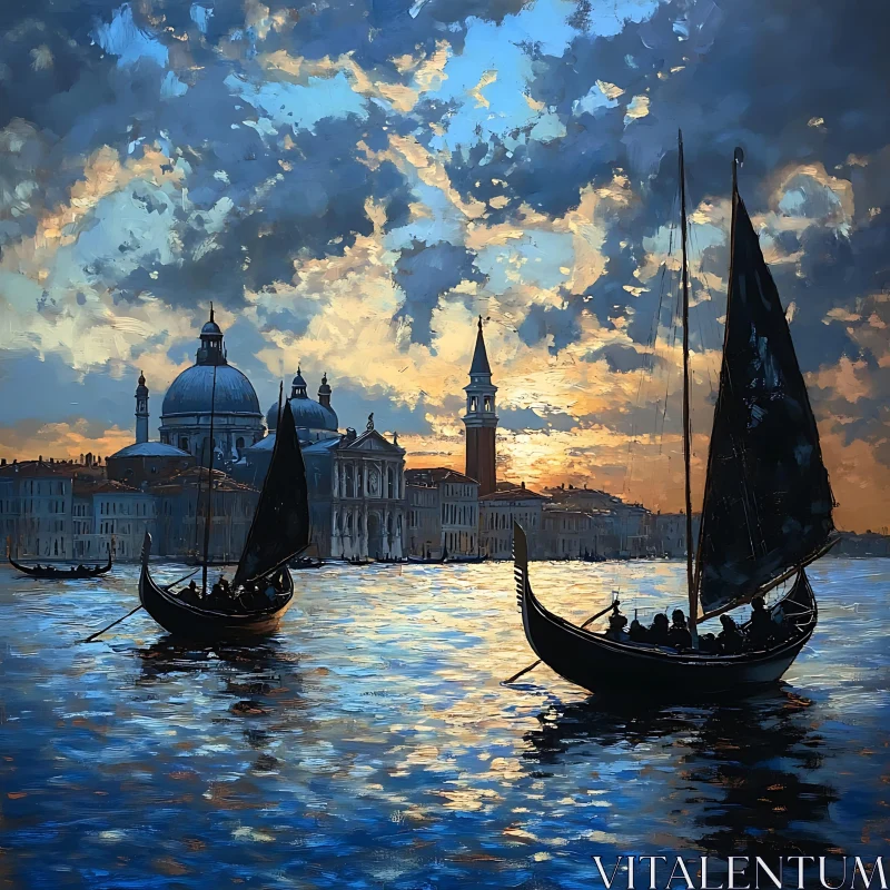 Gondolas at Sunset in Venice with Stunning Architecture AI Image