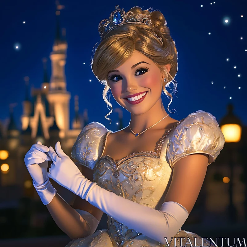 Fairy Tale Princess in a Nighttime Castle Setting AI Image