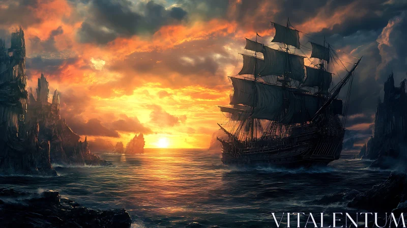 Sunset Voyage of a Sailing Ship Amidst Rocky Cliffs AI Image