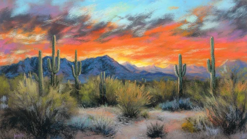 Desert Landscape at Sunset with Cacti