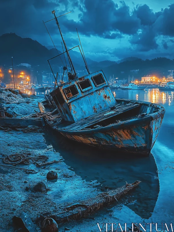 Old Rusty Boat at Night by the Marina AI Image