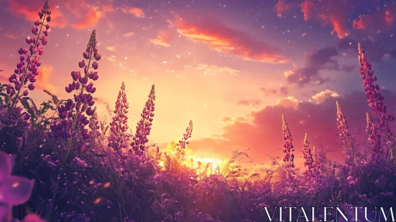 AI ART Purple Lupine Field at Sunset