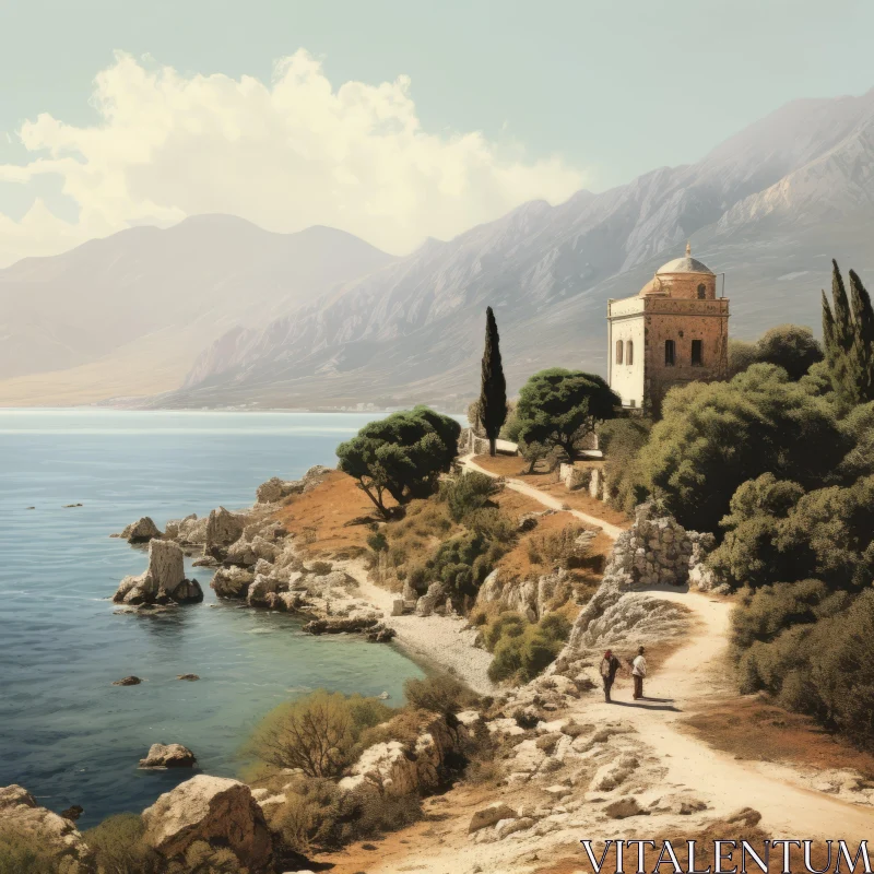 Classic Seaside Landscape Painting in Mycenaean Style AI Image