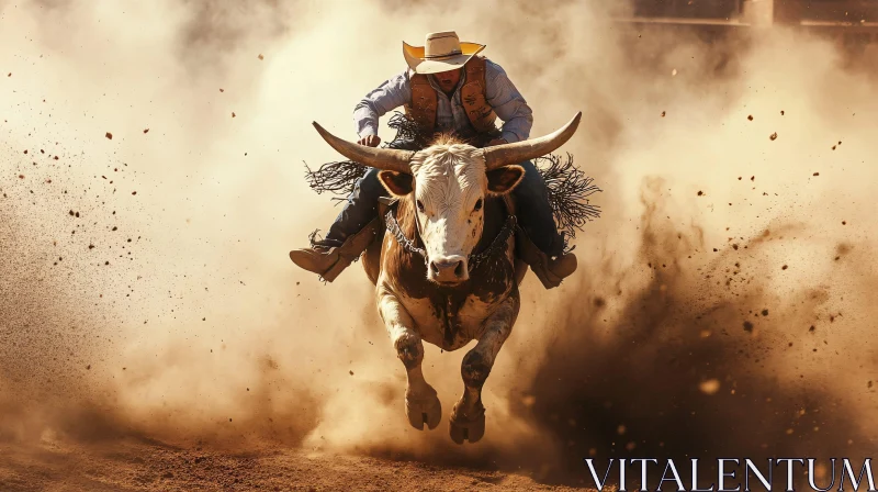 Intense Bull Riding Through Dust AI Image