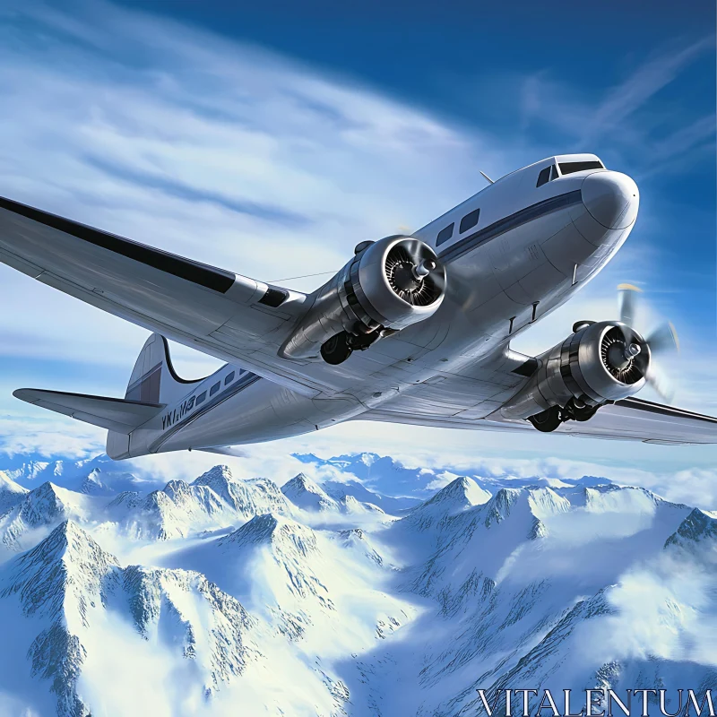 Aircraft in Flight Over Snowy Peaks AI Image